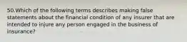 50.Which of the following terms describes making false statements about the financial condition of any insurer that are intended to injure any person engaged in the business of insurance?