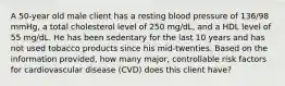 A 50-year old male client has a resting blood pressure of 136/98 mmHg, a total cholesterol level of 250 mg/dL, and a HDL level of 55 mg/dL. He has been sedentary for the last 10 years and has not used tobacco products since his mid-twenties. Based on the information provided, how many major, controllable risk factors for cardiovascular disease (CVD) does this client have?