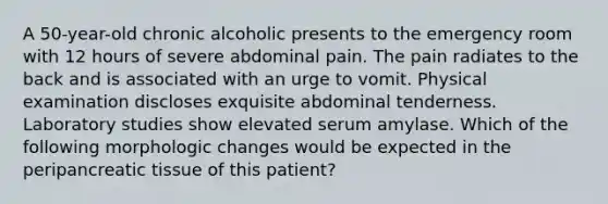 A 50-year-old chronic alcoholic presents to the emergency room with 12 hours of severe abdominal pain. The pain radiates to the back and is associated with an urge to vomit. Physical examination discloses exquisite abdominal tenderness. Laboratory studies show elevated serum amylase. Which of the following morphologic changes would be expected in the peripancreatic tissue of this patient?