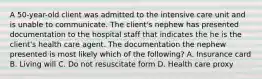 A 50-year-old client was admitted to the intensive care unit and is unable to communicate. The client's nephew has presented documentation to the hospital staff that indicates the he is the client's health care agent. The documentation the nephew presented is most likely which of the following? A. Insurance card B. Living will C. Do not resuscitate form D. Health care proxy