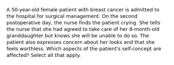 A 50-year-old female patient with breast cancer is admitted to the hospital for surgical management. On the second postoperative day, the nurse finds the patient crying. She tells the nurse that she had agreed to take care of her 8-month-old granddaughter but knows she will be unable to do so. The patient also expresses concern about her looks and that she feels worthless. Which aspects of the patient's self-concept are affected? Select all that apply.