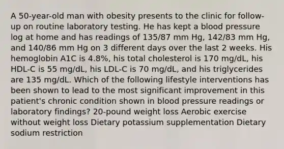 A 50-year-old man with obesity presents to the clinic for follow-up on routine laboratory testing. He has kept a blood pressure log at home and has readings of 135/87 mm Hg, 142/83 mm Hg, and 140/86 mm Hg on 3 different days over the last 2 weeks. His hemoglobin A1C is 4.8%, his total cholesterol is 170 mg/dL, his HDL-C is 55 mg/dL, his LDL-C is 70 mg/dL, and his triglycerides are 135 mg/dL. Which of the following lifestyle interventions has been shown to lead to the most significant improvement in this patient's chronic condition shown in blood pressure readings or laboratory findings? 20-pound weight loss Aerobic exercise without weight loss Dietary potassium supplementation Dietary sodium restriction