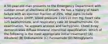 A 50-year-old man presents to the Emergency Department with sudden onset of shortness of breath. He has a history of heart failure with an ejection fraction of 25%. Vital signs include temperature 100ºF, blood pressure 220/110 mm Hg, heart rate 125 beats/minute, and respiratory rate 30 breaths/minute. On examination, he appears anxious and tachypneic. Chest X-ray demonstrates diffuse bilateral interstitial opacification. Which of the following is the most appropriate initial treatment? (A) Albuterol (B) Dobutamine (C) Furosemide (D) Nitroglycerin