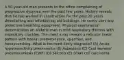 A 50-year-old man presents to the office complaining of progressive dyspnea over the past few years. History reveals that he has worked in construction for the past 20 years demolishing and refurbishing old buildings. He rarely uses any protective breathing equipment. Physical examination demonstrates an afebrile man in mild respiratory distress with inspiratory crackles. The chest x-ray reveals a reticular linear pattern with basilar predominance, opacities, and honeycombing. What is the most likely diagnosis? (A) Acute hypersensitivity pneumonitis (B) Asbestosis (C) Coal workers' pneumoconiosis (CWP) (D) Silicosis (E) Small cell carcinoma