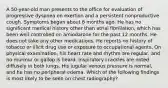 A 50-year-old man presents to the office for evaluation of progressive dyspnea on exertion and a persistent nonproductive cough. Symptoms began about 6 months ago. He has no significant medical history other than atrial fibrillation, which has been well-controlled on amiodarone for the past 12 months. He does not take any other medications. He reports no history of tobacco or illicit drug use or exposure to occupational agents. On physical examination, his heart rate and rhythm are regular, and no murmur or gallop is heard. Inspiratory crackles are noted diffusely in both lungs. His jugular venous pressure is normal, and he has no peripheral edema. Which of the following findings is most likely to be seen on chest radiography?