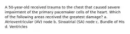 A 50-year-old received trauma to the chest that caused severe impairment of the primary pacemaker cells of the heart. Which of the following areas received the greatest damage? a. Atrioventricular (AV) node b. Sinoatrial (SA) node c. Bundle of His d. Ventricles