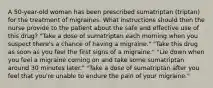 A 50-year-old woman has been prescribed sumatriptan (triptan) for the treatment of migraines. What instructions should then the nurse provide to the patient about the safe and effective use of this drug? "Take a dose of sumatriptan each morning when you suspect there's a chance of having a migraine." "Take this drug as soon as you feel the first signs of a migraine." "Lie down when you feel a migraine coming on and take some sumatriptan around 30 minutes later." "Take a dose of sumatriptan after you feel that you're unable to endure the pain of your migraine."