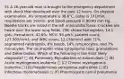 51 A 28-year-old man is brought to the emergency department with shock that developed over the past 12 hours. On physical examination, his temperature is 38.6°C, pulse is 101/min, respirations are 19/min, and blood pressure is 80/40 mm Hg. Needle tracks are noted in the left antecubital fossa. Crackles are heard over the lower lung fields. CBC shows hemoglobin, 14.1 g/dL; hematocrit, 42.6%; MCV, 93 μm3; platelet count, 127,500/mm3; and WBC count, 12,150/mm3 with 71% segmented neutrophils, 8% bands, 14% lymphocytes, and 7% monocytes. The neutrophils show cytoplasmic toxic granulations and Döhle bodies. Which of the following is the most likely diagnosis? □ (A) Pulmonary Mycobacterium tuberculosis □ (B) Acute myelogenous leukemia □ (C) Chronic myelogenous leukemia □ (D) Pseudomonas aeruginosa septicemia □ (E) Infectious mononucleosis □ (F) Pneumocystis carinii pneumonia