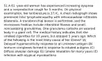 51 A 61 -year-old woman has experienced increasing dyspnea and a nonproductive cough for 5 months. On physical examination, her te!ll)erature is 37.rC. A chest radiograph shows prominent hilar lymphadenopathy with reticulonodular infiltrates bilaterallv. A transbronchial bioosv is oerformed. and the mcroscooic findinos include interstitial fibrosis and small, noncaseating granulomas. One granuloma contains an asteroid body in a giant cell. The medical history indicates that she smoked cigarettes for 10 years, but stopped 5 years ago. Which of the following is the most likely cause of her illness? (A) Delayed hypersensitivity response to an unknown antigen (B) Immune complexes formed in response to inhaled antigens (C) Diffuse alveolar damage (D) Smoke inhalation for many years (E) Infection with atypical mycobacteria