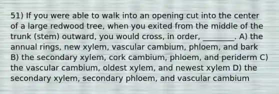 51) If you were able to walk into an opening cut into the center of a large redwood tree, when you exited from the middle of the trunk (stem) outward, you would cross, in order, ________. A) the annual rings, new xylem, vascular cambium, phloem, and bark B) the secondary xylem, cork cambium, phloem, and periderm C) the vascular cambium, oldest xylem, and newest xylem D) the secondary xylem, secondary phloem, and vascular cambium