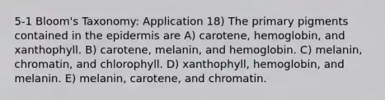 5-1 Bloom's Taxonomy: Application 18) The primary pigments contained in the epidermis are A) carotene, hemoglobin, and xanthophyll. B) carotene, melanin, and hemoglobin. C) melanin, chromatin, and chlorophyll. D) xanthophyll, hemoglobin, and melanin. E) melanin, carotene, and chromatin.