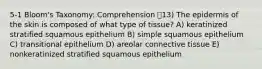 5-1 Bloom's Taxonomy: Comprehension 13) The epidermis of the skin is composed of what type of tissue? A) keratinized stratified squamous epithelium B) simple squamous epithelium C) transitional epithelium D) areolar connective tissue E) nonkeratinized stratified squamous epithelium