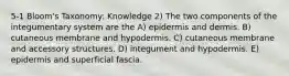 5-1 Bloom's Taxonomy: Knowledge 2) The two components of the integumentary system are the A) epidermis and dermis. B) cutaneous membrane and hypodermis. C) cutaneous membrane and accessory structures. D) integument and hypodermis. E) epidermis and superficial fascia.