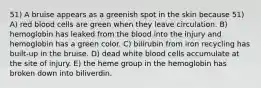 51) A bruise appears as a greenish spot in the skin because 51) A) red blood cells are green when they leave circulation. B) hemoglobin has leaked from the blood into the injury and hemoglobin has a green color. C) bilirubin from iron recycling has built-up in the bruise. D) dead white blood cells accumulate at the site of injury. E) the heme group in the hemoglobin has broken down into biliverdin.