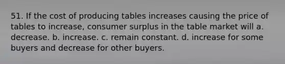 51. If the cost of producing tables increases causing the price of tables to increase, consumer surplus in the table market will a. decrease. b. increase. c. remain constant. d. increase for some buyers and decrease for other buyers.