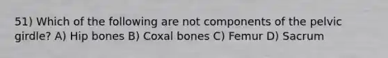 51) Which of the following are not components of the pelvic girdle? A) Hip bones B) Coxal bones C) Femur D) Sacrum