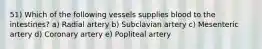 51) Which of the following vessels supplies blood to the intestines? a) Radial artery b) Subclavian artery c) Mesenteric artery d) Coronary artery e) Popliteal artery