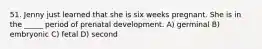 51. Jenny just learned that she is six weeks pregnant. She is in the _____ period of prenatal development. A) germinal B) embryonic C) fetal D) second