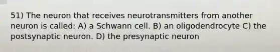 51) The neuron that receives neurotransmitters from another neuron is called: A) a Schwann cell. B) an oligodendrocyte C) the postsynaptic neuron. D) the presynaptic neuron