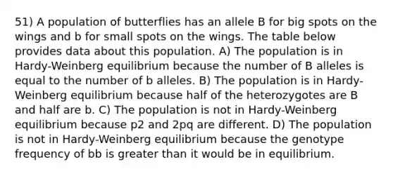 51) A population of butterflies has an allele B for big spots on the wings and b for small spots on the wings. The table below provides data about this population. A) The population is in Hardy-Weinberg equilibrium because the number of B alleles is equal to the number of b alleles. B) The population is in Hardy-Weinberg equilibrium because half of the heterozygotes are B and half are b. C) The population is not in Hardy-Weinberg equilibrium because p2 and 2pq are different. D) The population is not in Hardy-Weinberg equilibrium because the genotype frequency of bb is <a href='https://www.questionai.com/knowledge/ktgHnBD4o3-greater-than' class='anchor-knowledge'>greater than</a> it would be in equilibrium.