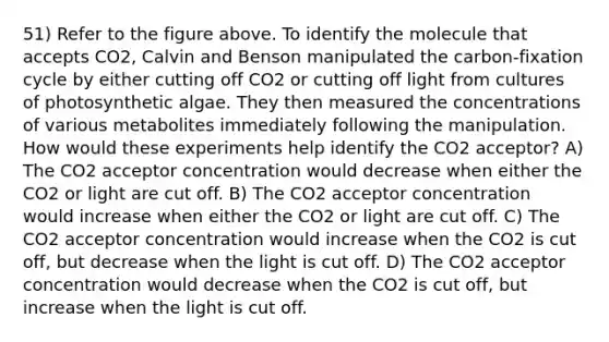 51) Refer to the figure above. To identify the molecule that accepts CO2, Calvin and Benson manipulated the carbon-fixation cycle by either cutting off CO2 or cutting off light from cultures of photosynthetic algae. They then measured the concentrations of various metabolites immediately following the manipulation. How would these experiments help identify the CO2 acceptor? A) The CO2 acceptor concentration would decrease when either the CO2 or light are cut off. B) The CO2 acceptor concentration would increase when either the CO2 or light are cut off. C) The CO2 acceptor concentration would increase when the CO2 is cut off, but decrease when the light is cut off. D) The CO2 acceptor concentration would decrease when the CO2 is cut off, but increase when the light is cut off.