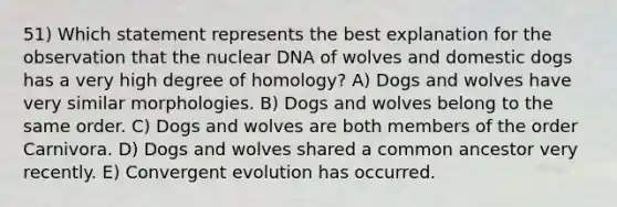 51) Which statement represents the best explanation for the observation that the nuclear DNA of wolves and domestic dogs has a very high degree of homology? A) Dogs and wolves have very similar morphologies. B) Dogs and wolves belong to the same order. C) Dogs and wolves are both members of the order Carnivora. D) Dogs and wolves shared a common ancestor very recently. E) Convergent evolution has occurred.