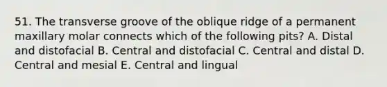 51. The transverse groove of the oblique ridge of a permanent maxillary molar connects which of the following pits? A. Distal and distofacial B. Central and distofacial C. Central and distal D. Central and mesial E. Central and lingual