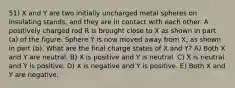 51) X and Y are two initially uncharged metal spheres on insulating stands, and they are in contact with each other. A positively charged rod R is brought close to X as shown in part (a) of the figure. Sphere Y is now moved away from X, as shown in part (b). What are the final charge states of X and Y? A) Both X and Y are neutral. B) X is positive and Y is neutral. C) X is neutral and Y is positive. D) X is negative and Y is positive. E) Both X and Y are negative.