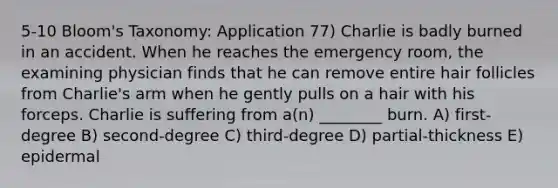 5-10 Bloom's Taxonomy: Application 77) Charlie is badly burned in an accident. When he reaches the emergency room, the examining physician finds that he can remove entire hair follicles from Charlie's arm when he gently pulls on a hair with his forceps. Charlie is suffering from a(n) ________ burn. A) first-degree B) second-degree C) third-degree D) partial-thickness E) epidermal