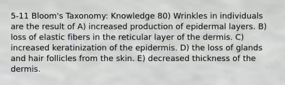 5-11 Bloom's Taxonomy: Knowledge 80) Wrinkles in individuals are the result of A) increased production of epidermal layers. B) loss of elastic fibers in the reticular layer of the dermis. C) increased keratinization of the epidermis. D) the loss of glands and hair follicles from the skin. E) decreased thickness of the dermis.