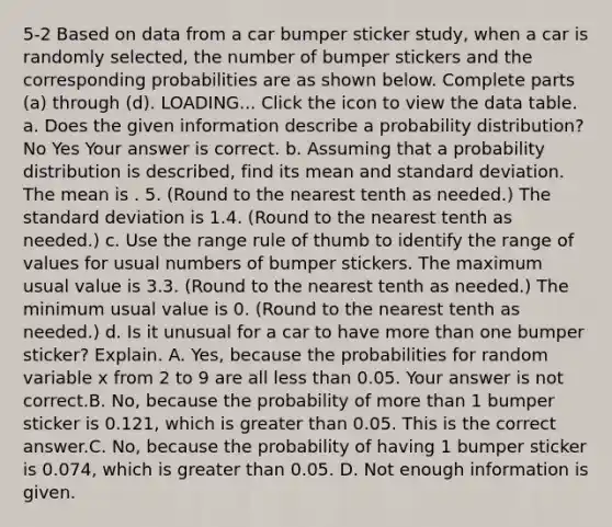 5-2 Based on data from a car bumper sticker​ study, when a car is randomly​ selected, the number of bumper stickers and the corresponding probabilities are as shown below. Complete parts​ (a) through​ (d). LOADING... Click the icon to view the data table. a. Does the given information describe a probability​ distribution? No Yes Your answer is correct. b. Assuming that a probability distribution is​ described, find its mean and standard deviation. The mean is . 5. ​(Round to the nearest tenth as​ needed.) The standard deviation is 1.4. ​(Round to the nearest tenth as​ needed.) c. Use the range rule of thumb to identify the range of values for usual numbers of bumper stickers. The maximum usual value is 3.3. ​(Round to the nearest tenth as​ needed.) The minimum usual value is 0. ​(Round to the nearest tenth as​ needed.) d. Is it unusual for a car to have more than one bumper​ sticker? Explain. A. ​Yes, because the probabilities for random variable x from 2 to 9 are all less than 0.05. Your answer is not correct.B. ​No, because the probability of more than 1 bumper sticker is 0.121​, which is greater than 0.05. This is the correct answer.C. ​No, because the probability of having 1 bumper sticker is 0.074​, which is greater than 0.05. D. Not enough information is given.