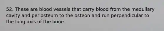 52. These are <a href='https://www.questionai.com/knowledge/kZJ3mNKN7P-blood-vessels' class='anchor-knowledge'>blood vessels</a> that carry blood from the medullary cavity and periosteum to the osteon and run perpendicular to the long axis of the bone.