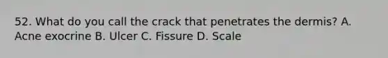 52. What do you call the crack that penetrates the dermis? A. Acne exocrine B. Ulcer C. Fissure D. Scale