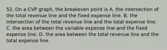 52. On a CVP graph, the breakeven point is A. the intersection of the total revenue line and the fixed expense line. B. the intersection of the total revenue line and the total expense line. C. the area between the variable expense line and the fixed expense line. D. the area between the total revenue line and the total expense line.