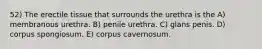 52) The erectile tissue that surrounds the urethra is the A) membranous urethra. B) penile urethra. C) glans penis. D) corpus spongiosum. E) corpus cavernosum.