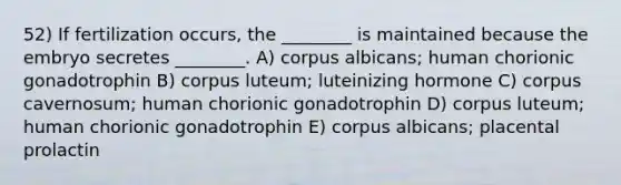 52) If fertilization occurs, the ________ is maintained because the embryo secretes ________. A) corpus albicans; human chorionic gonadotrophin B) corpus luteum; luteinizing hormone C) corpus cavernosum; human chorionic gonadotrophin D) corpus luteum; human chorionic gonadotrophin E) corpus albicans; placental prolactin