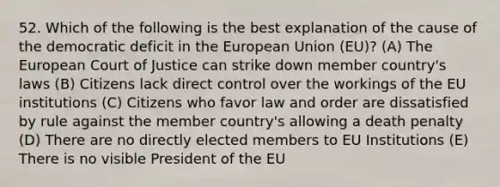 52. Which of the following is the best explanation of the cause of the democratic deficit in the European Union (EU)? (A) The European Court of Justice can strike down member country's laws (B) Citizens lack direct control over the workings of the EU institutions (C) Citizens who favor law and order are dissatisfied by rule against the member country's allowing a death penalty (D) There are no directly elected members to EU Institutions (E) There is no visible President of the EU