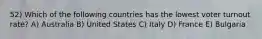 52) Which of the following countries has the lowest voter turnout rate? A) Australia B) United States C) Italy D) France E) Bulgaria