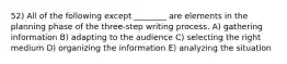 52) All of the following except ________ are elements in the planning phase of the three-step writing process. A) gathering information B) adapting to the audience C) selecting the right medium D) organizing the information E) analyzing the situation