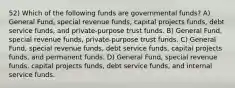 52) Which of the following funds are governmental funds? A) General Fund, special revenue funds, capital projects funds, debt service funds, and private-purpose trust funds. B) General Fund, special revenue funds, private-purpose trust funds. C) General Fund, special revenue funds, debt service funds, capital projects funds, and permanent funds. D) General Fund, special revenue funds, capital projects funds, debt service funds, and internal service funds.