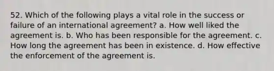 52. Which of the following plays a vital role in the success or failure of an international agreement? a. How well liked the agreement is. b. Who has been responsible for the agreement. c. How long the agreement has been in existence. d. How effective the enforcement of the agreement is.