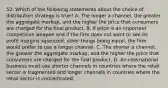 52. Which of the following statements about the choice of distribution strategy is true? A. The longer a channel, the greater the aggregate markup, and the higher the price that consumers are charged for the final product. B. If price is an important competitive weapon and if the firm does not want to see its profit margins squeezed, other things being equal, the firm would prefer to use a longer channel. C. The shorter a channel, the greater the aggregate markup, and the higher the price that consumers are charged for the final product. D. An international business must use shorter channels in countries where the retail sector is fragmented and longer channels in countries where the retail sector is concentrated.