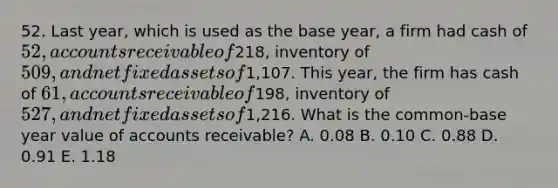 52. Last year, which is used as the base year, a firm had cash of 52, accounts receivable of218, inventory of 509, and net fixed assets of1,107. This year, the firm has cash of 61, accounts receivable of198, inventory of 527, and net fixed assets of1,216. What is the common-base year value of accounts receivable? A. 0.08 B. 0.10 C. 0.88 D. 0.91 E. 1.18