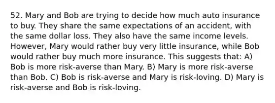 52. Mary and Bob are trying to decide how much auto insurance to buy. They share the same expectations of an accident, with the same dollar loss. They also have the same income levels. However, Mary would rather buy very little insurance, while Bob would rather buy much more insurance. This suggests that: A) Bob is more risk-averse than Mary. B) Mary is more risk-averse than Bob. C) Bob is risk-averse and Mary is risk-loving. D) Mary is risk-averse and Bob is risk-loving.