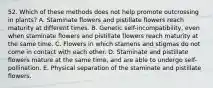 52. Which of these methods does not help promote outcrossing in plants? A. Staminate flowers and pistillate flowers reach maturity at different times. B. Genetic self-incompatibility, even when staminate flowers and pistillate flowers reach maturity at the same time. C. Flowers in which stamens and stigmas do not come in contact with each other. D. Staminate and pistillate flowers mature at the same time, and are able to undergo self-pollination. E. Physical separation of the staminate and pistillate flowers.