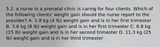 5.2. a nurse in a prenatal clinic is caring for four clients. Which of the following clients' weight gain should the nurse report to the provider? A. 1.8 kg (4 lb) weight gain and is in her first trimester B. 3.6 kg (8 lb) weight gain and is in her first trimester C. 6.8 kg (15 lb) weight gain and is in her second trimester D. 11.3 kg (25 lb) weight gain and is in her third trimester