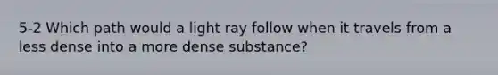 5-2 Which path would a light ray follow when it travels from a less dense into a more dense substance?