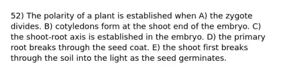 52) The polarity of a plant is established when A) the zygote divides. B) cotyledons form at the shoot end of the embryo. C) the shoot-root axis is established in the embryo. D) the primary root breaks through the seed coat. E) the shoot first breaks through the soil into the light as the seed germinates.