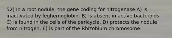 52) In a root nodule, the gene coding for nitrogenase A) is inactivated by leghemoglobin. B) is absent in active bacteroids. C) is found in the cells of the pericycle. D) protects the nodule from nitrogen. E) is part of the Rhizobium chromosome.