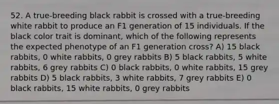 52. A true-breeding black rabbit is crossed with a true-breeding white rabbit to produce an F1 generation of 15 individuals. If the black color trait is dominant, which of the following represents the expected phenotype of an F1 generation cross? A) 15 black rabbits, 0 white rabbits, 0 grey rabbits B) 5 black rabbits, 5 white rabbits, 6 grey rabbits C) 0 black rabbits, 0 white rabbits, 15 grey rabbits D) 5 black rabbits, 3 white rabbits, 7 grey rabbits E) 0 black rabbits, 15 white rabbits, 0 grey rabbits